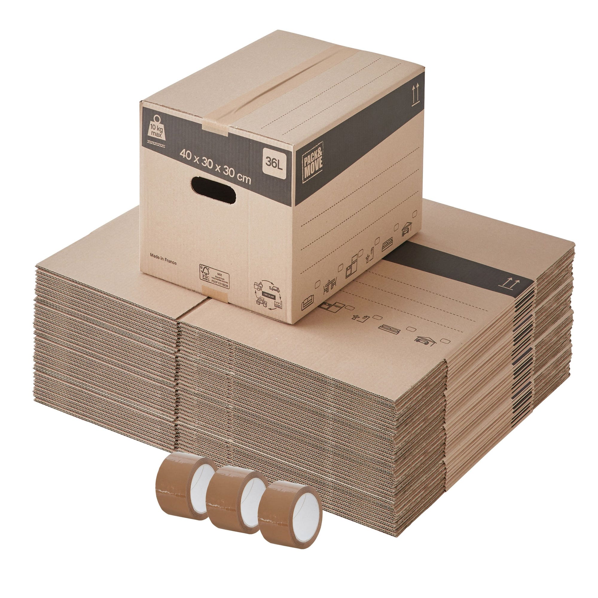 Lot de 60 cartons de déménagement standards avec poignées - 36L, charge max 10kg - made in France + 3 adhésifs offerts 0