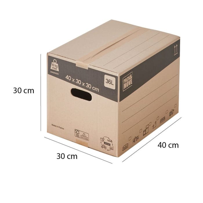 Lot de 60 cartons de déménagement standards avec poignées - 36L, charge max 10kg - made in France + 3 adhésifs offerts 1