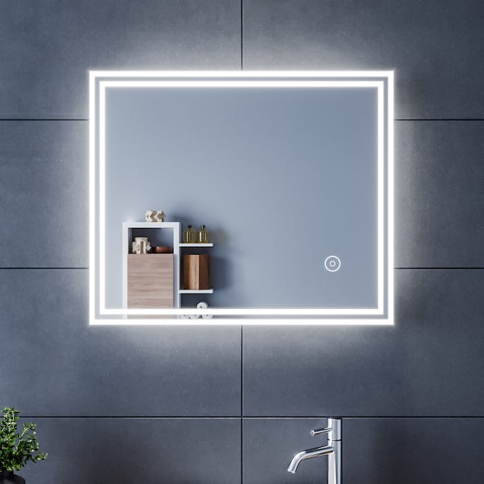 SIRHONA 60x50cm Miroir de Salle de Bains avec éclairage LED Miroir Cosmétiques Mural Lumière Illumination avec Commande par Effleurement 0