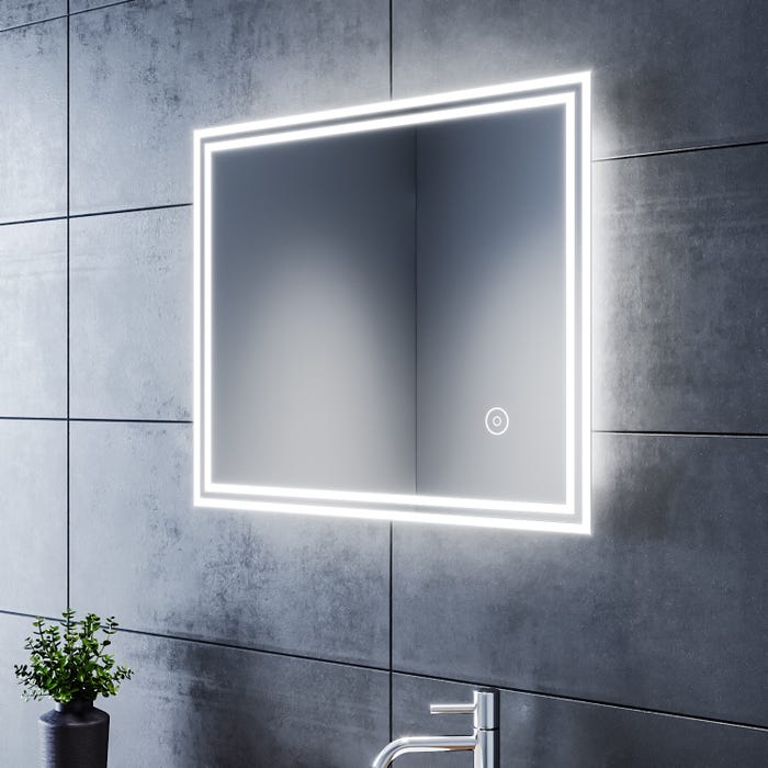SIRHONA 60x50cm Miroir de Salle de Bains avec éclairage LED Miroir Cosmétiques Mural Lumière Illumination avec Commande par Effleurement 1