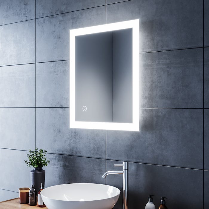 SIRHONA Miroir de Salle de Bains 60x50cm avec éclairage LED Miroir Cosmétiques Mural Lumière Illumination avec Commande par Effleurement 3