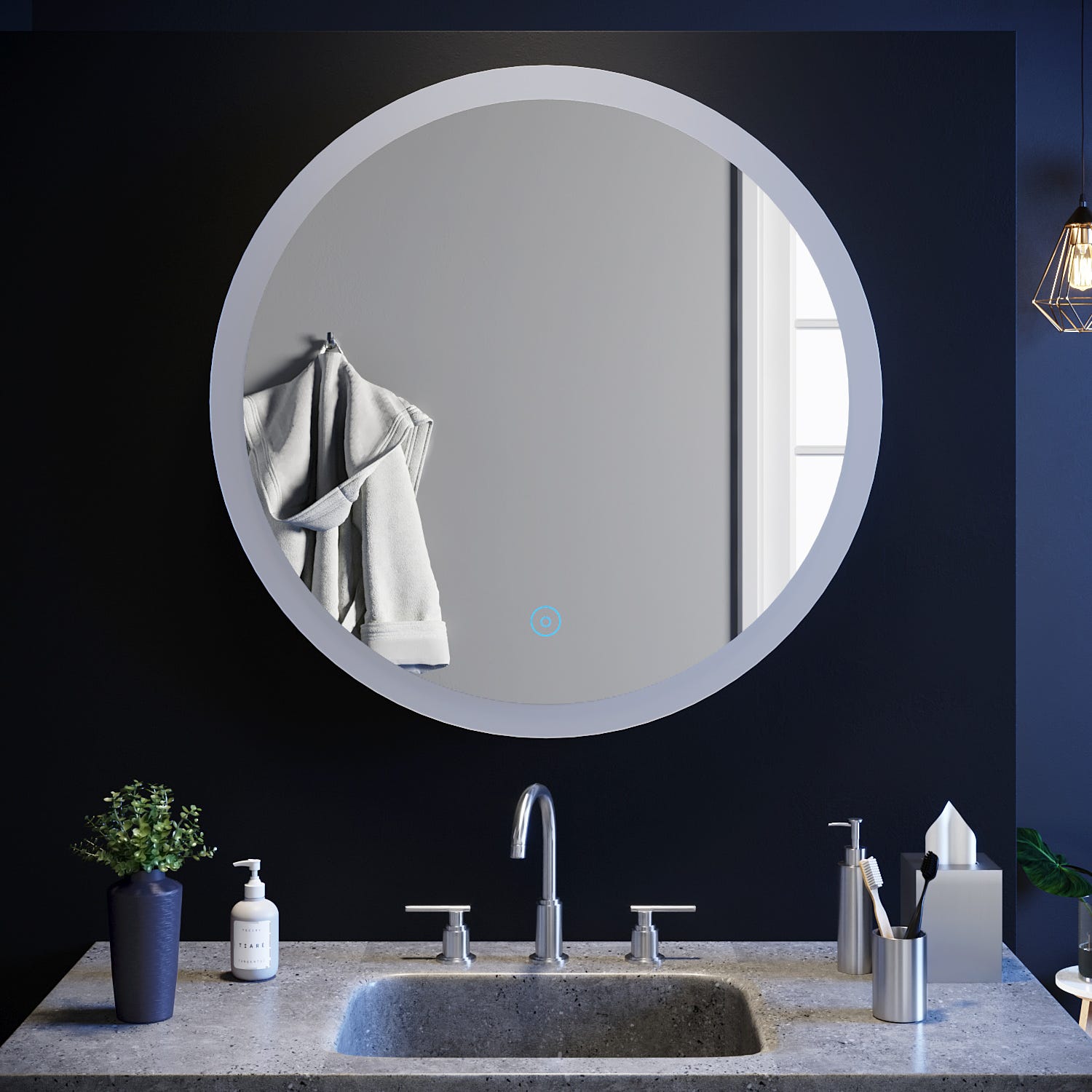 SIRHONA Miroir Rond à LED 80x80cm Ronde Miroir de Salle de Bain Miroir LED Anti-buée avec capteur de contrôle Tactile, antipoussière et Blanc Froid 1
