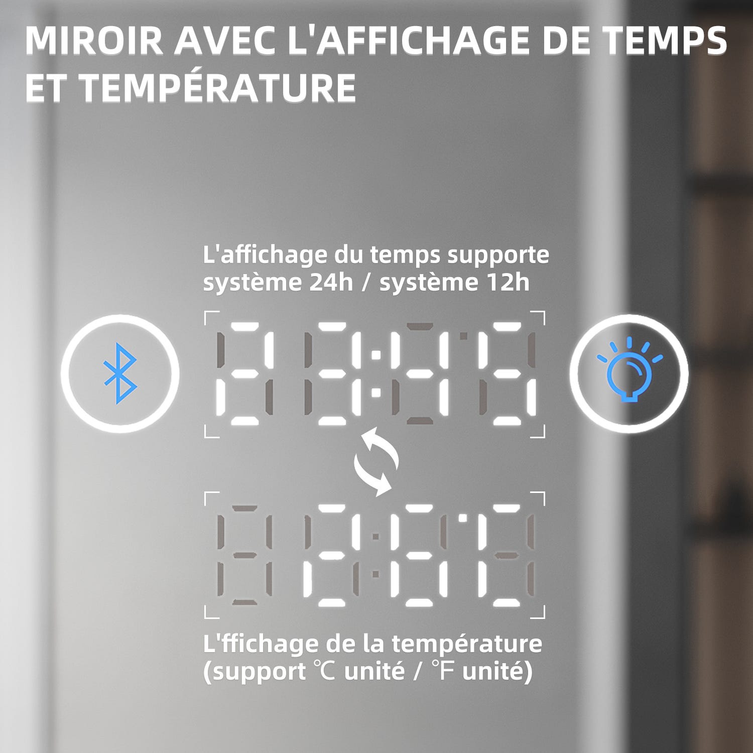 SIRHONA Miroir Lumineux Salle de Bain LED Eclairage Intégré, Fonction Bluetooth 5.0/Horloge/Anti-buée Horizontal 120x70cm Mirroir LED Rétro-éclairé 3