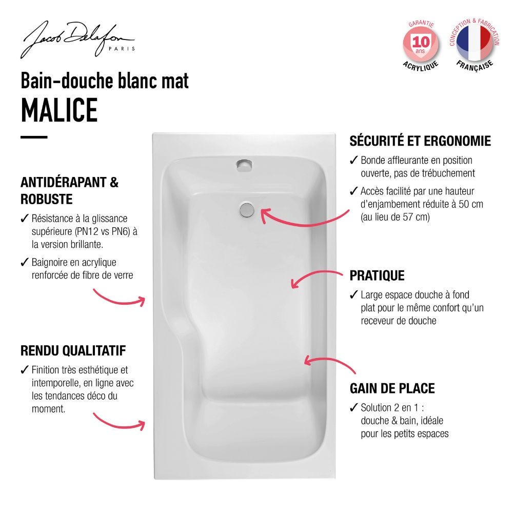 Baignoire bain douche JACOB DELAFON Malice antidérapante + nettoyant | 170 x 90 version gauche 3