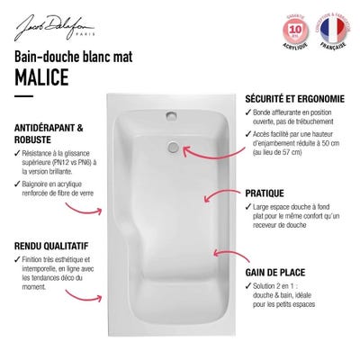 Baignoire bain douche JACOB DELAFON Malice, antidérapant, version Gauche | Blanc mat 170x90cm 7