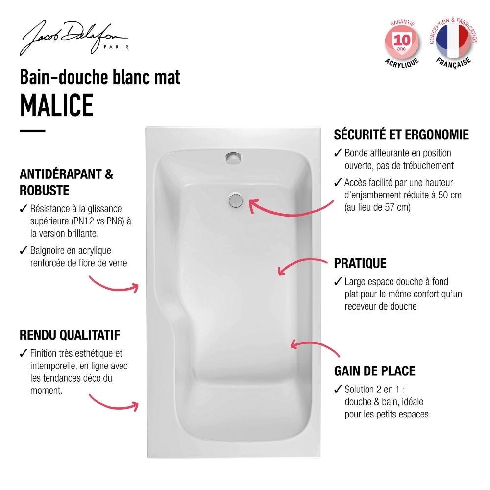 Baignoire bain douche JACOB DELAFON Malice, antidérapant, version Gauche | Blanc mat 170x90cm 3