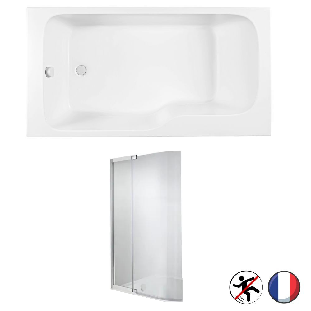 Baignoire bain douche JACOB DELAFON Malice antidérapante + pare bain Blanc Mat, 170 X 90 version gauche