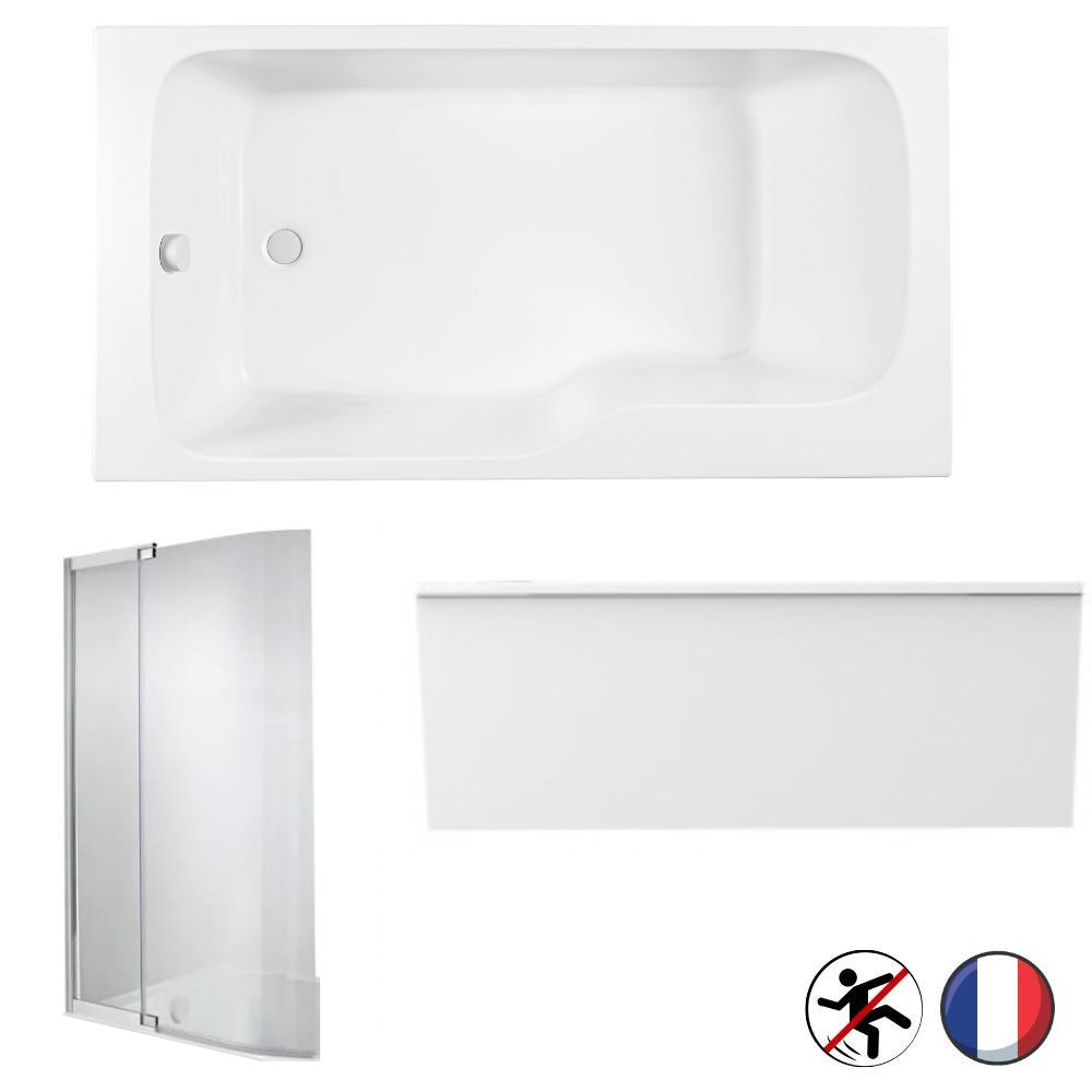Baignoire bain douche JACOB DELAFON Malice antidérapante + tablier niche + pare bain Blanc Mat, 190 X 90 version gauche