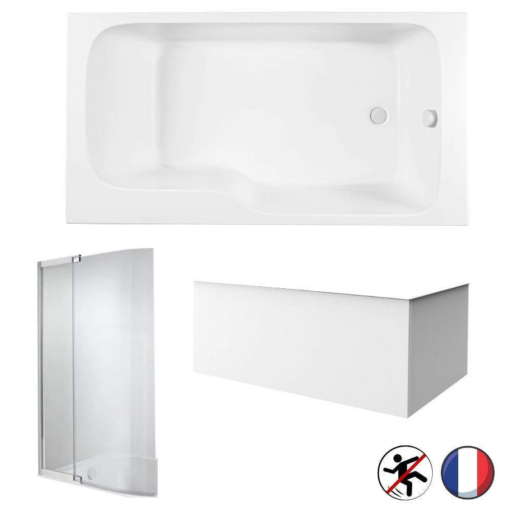Baignoire bain douche JACOB DELAFON Malice antidérapante + tablier angle + pare bain Blanc Mat, 170 X 90 version droite
