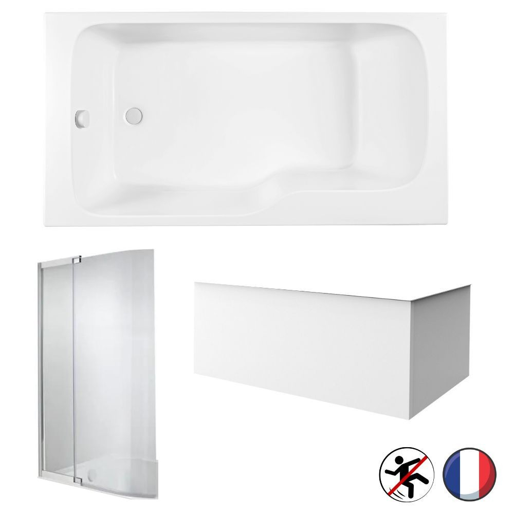 Baignoire bain douche JACOB DELAFON Malice antidérapante + tablier angle + pare bain Blanc Mat, 170 X 90 version gauche
