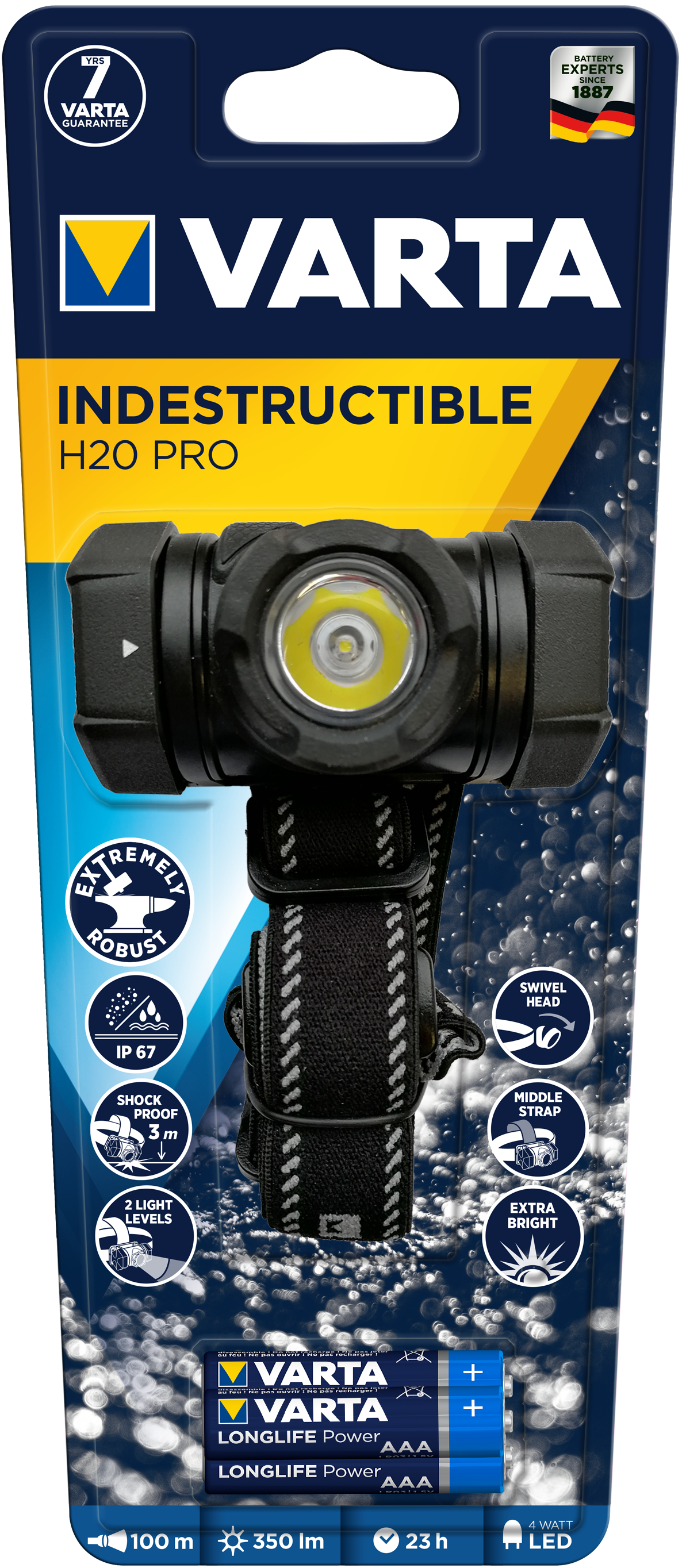 Lampe Frontale Varta Indestructible H20 Pro - 3 Piles Aaa Inclus