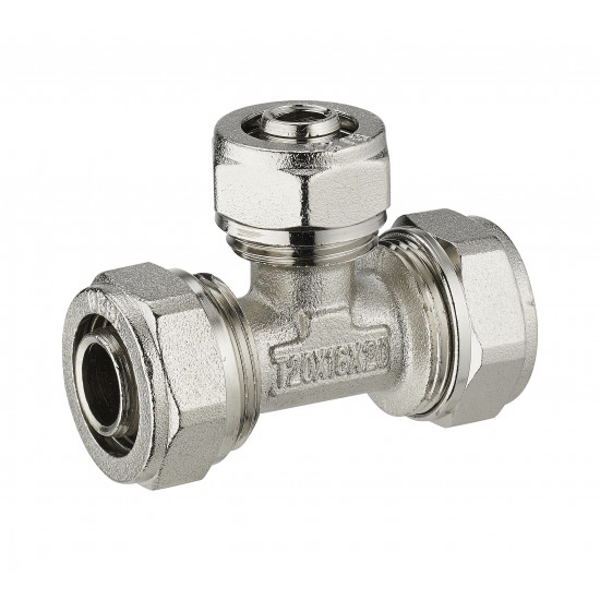 Té réduit à compression pour tube multicouche NOYON & THIEBAULT - Ø 20 mm piquage au centre tube multicouche - Ø 16 mm Bague à sertir en inox - 3985-