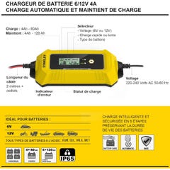 Chargeur de batterie intelligent 4A 230V 6/12V Voiture Moto Microprocesseur Ecran LCD Maintient de charge Stanley 3