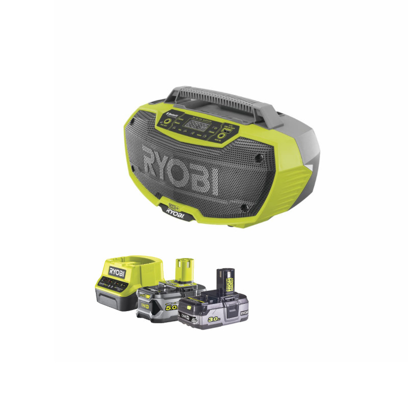 Pack RYOBI Radio d'atelier stéréo 18V OnePlus R18RH-0 - 1 Batterie 3.0Ah High Energy - 1 Batterie 5.0Ah - Chargeur rapide