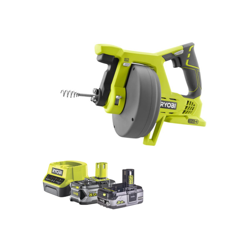 Pack RYOBI Déboucheur 18V R18DA-0 - 1 Batterie 3.0Ah High Energy - 1 Batterie 5.0Ah - Chargeur rapide