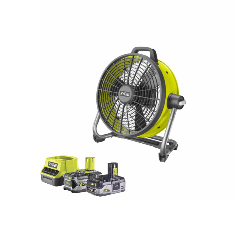 Pack RYOBI Ventilateur brasseur d'air 18V R18F5-0 - 1 Batterie 3.0Ah High Energy - 1 Batterie 5.0Ah - Chargeur rapide