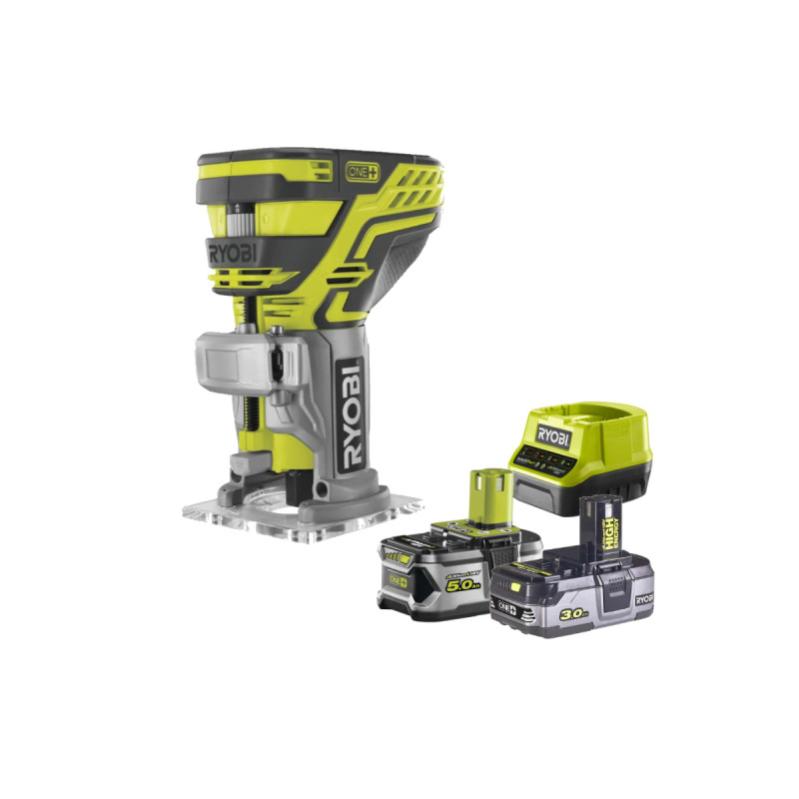 Pack RYOBI Affleureuse à bois 18V OnePlus R18TR-0 - 1 Batterie 3.0Ah High Energy - 1 Batterie 5.0Ah - Chargeur rapide