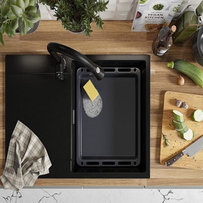 Evier Cuisine en Granit Noir, 78 x 50 cm, Lavabo 1 bac + Kit de Vidage,  Évier à Encastrer de Primagran