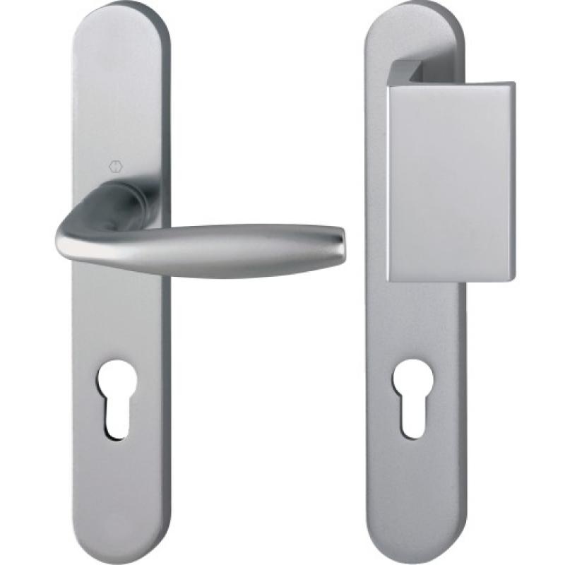 Béquille double sur plaque palière 195 mm New York perçage oblong porte 4857 mm aluminium aspect inox
