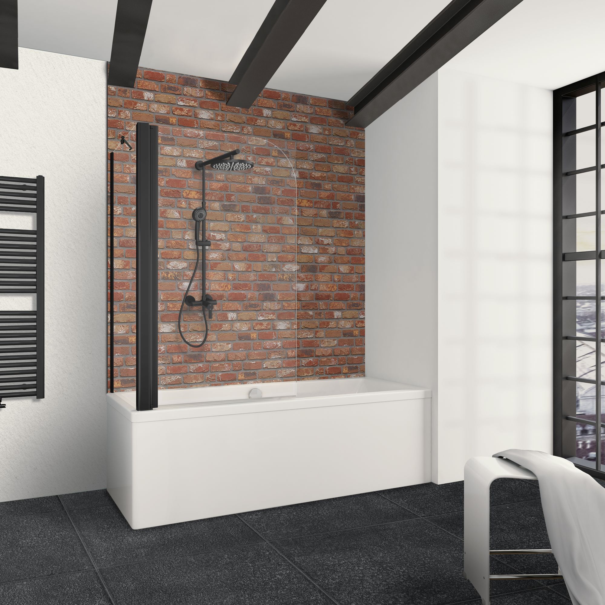 Schulte pare-baignoire rabattable, 80x75x140 cm, 2 volets pliants + 1 paroi angle, pivotant, verre 3mm anticalcaire transparent, noir