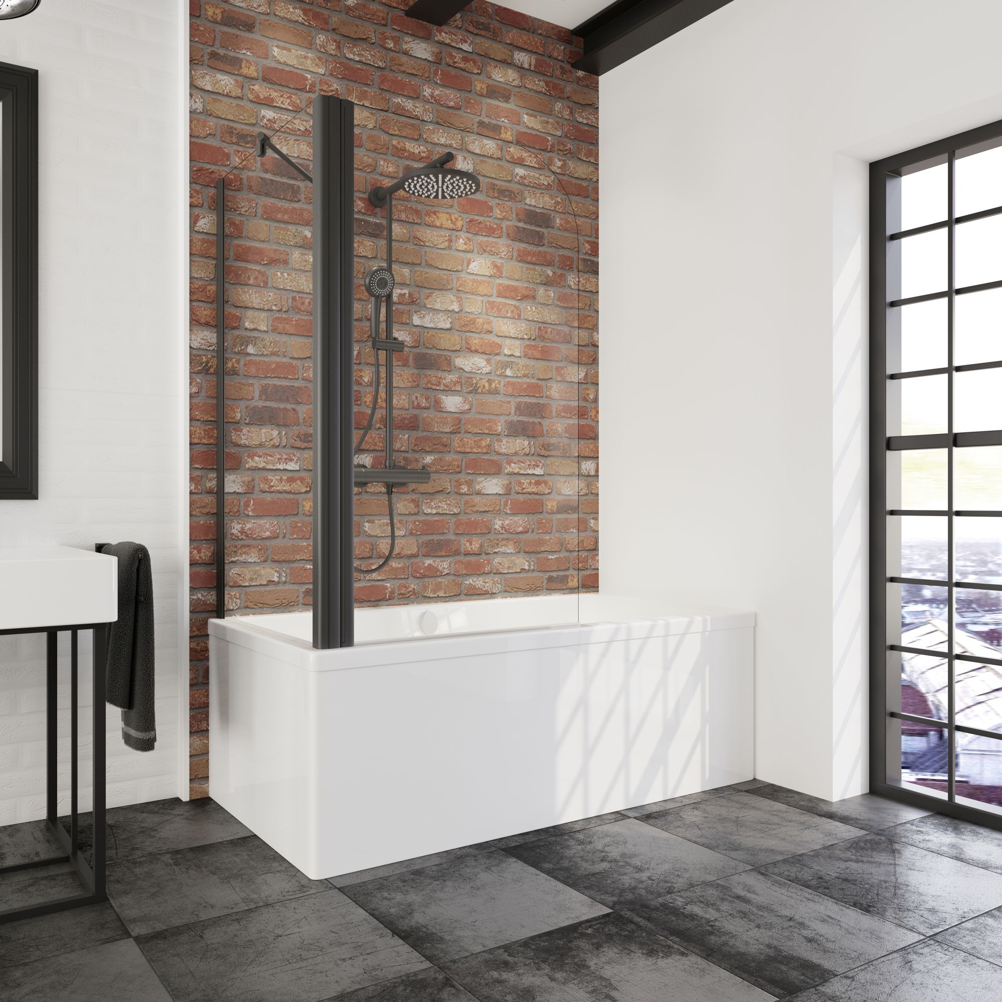 Schulte pare-baignoire rabattable, 80x75x140 cm, 2 volets pliants + 1 paroi angle, pivotant, verre 3mm anticalcaire transparent, noir