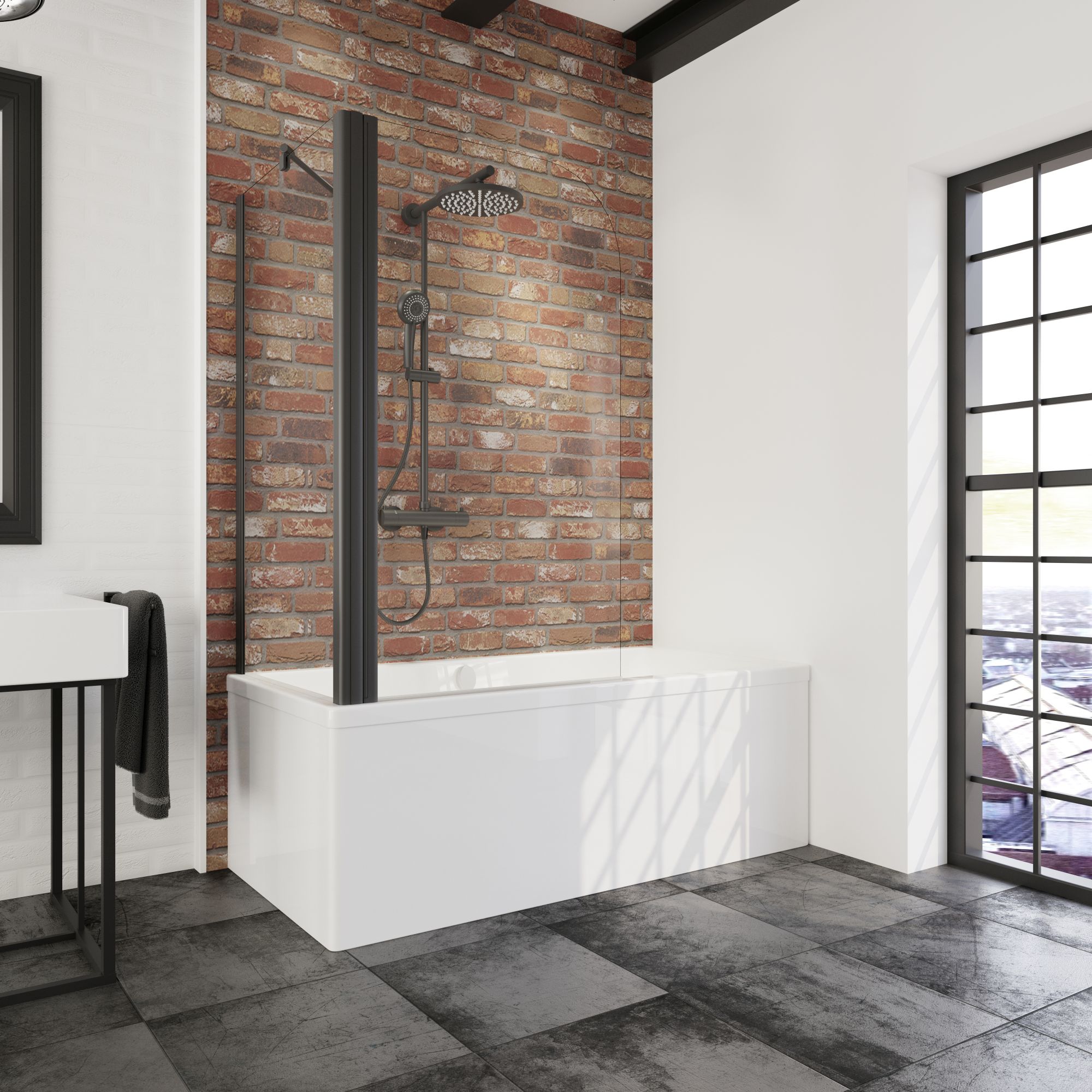 Schulte pare-baignoire rabattable, 80x70x140 cm, 2 volets pliants + 1 paroi angle, pivotant, verre 3mm anticalcaire transparent, noir