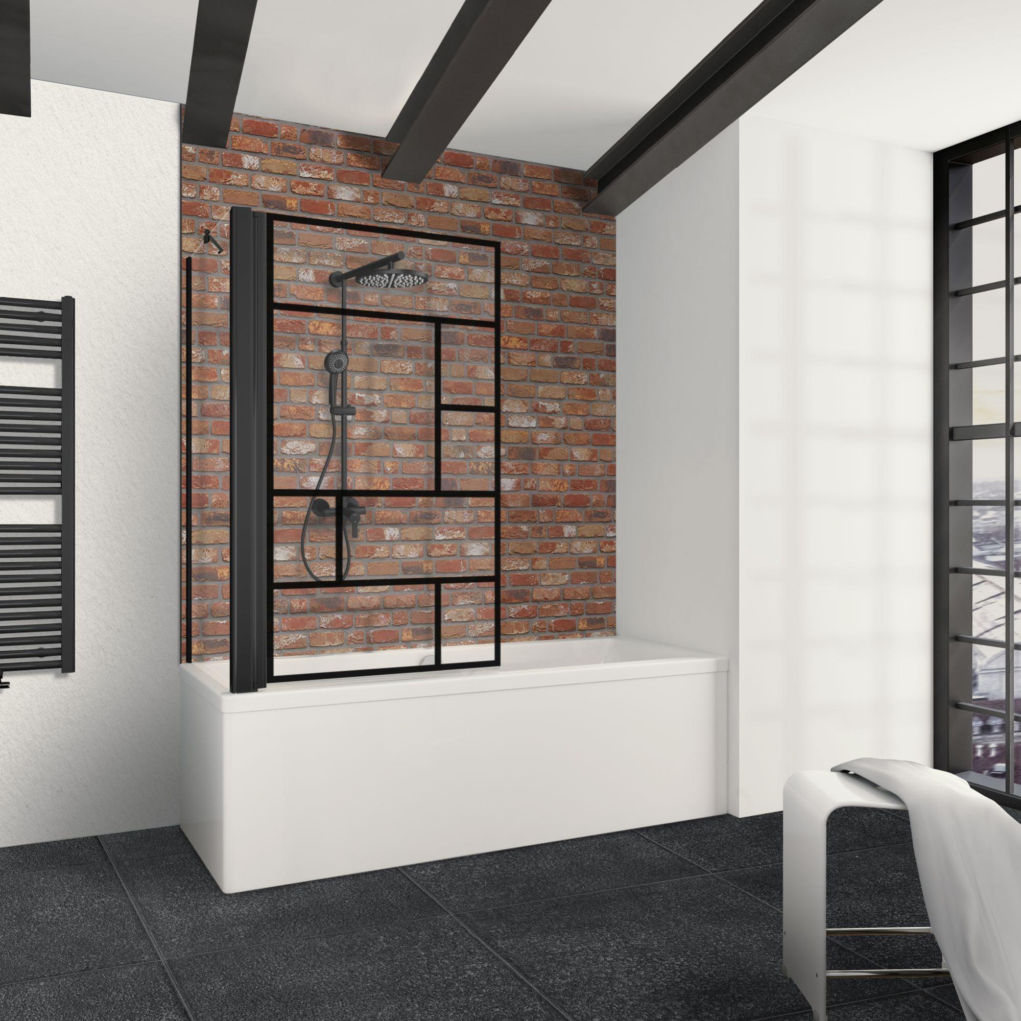 Schulte pare-baignoire rabattable, 80x70x140 cm, 2 volets pliants + 1 paroi angle, pivotant, verre 3mm anticalcaire transparent, noir