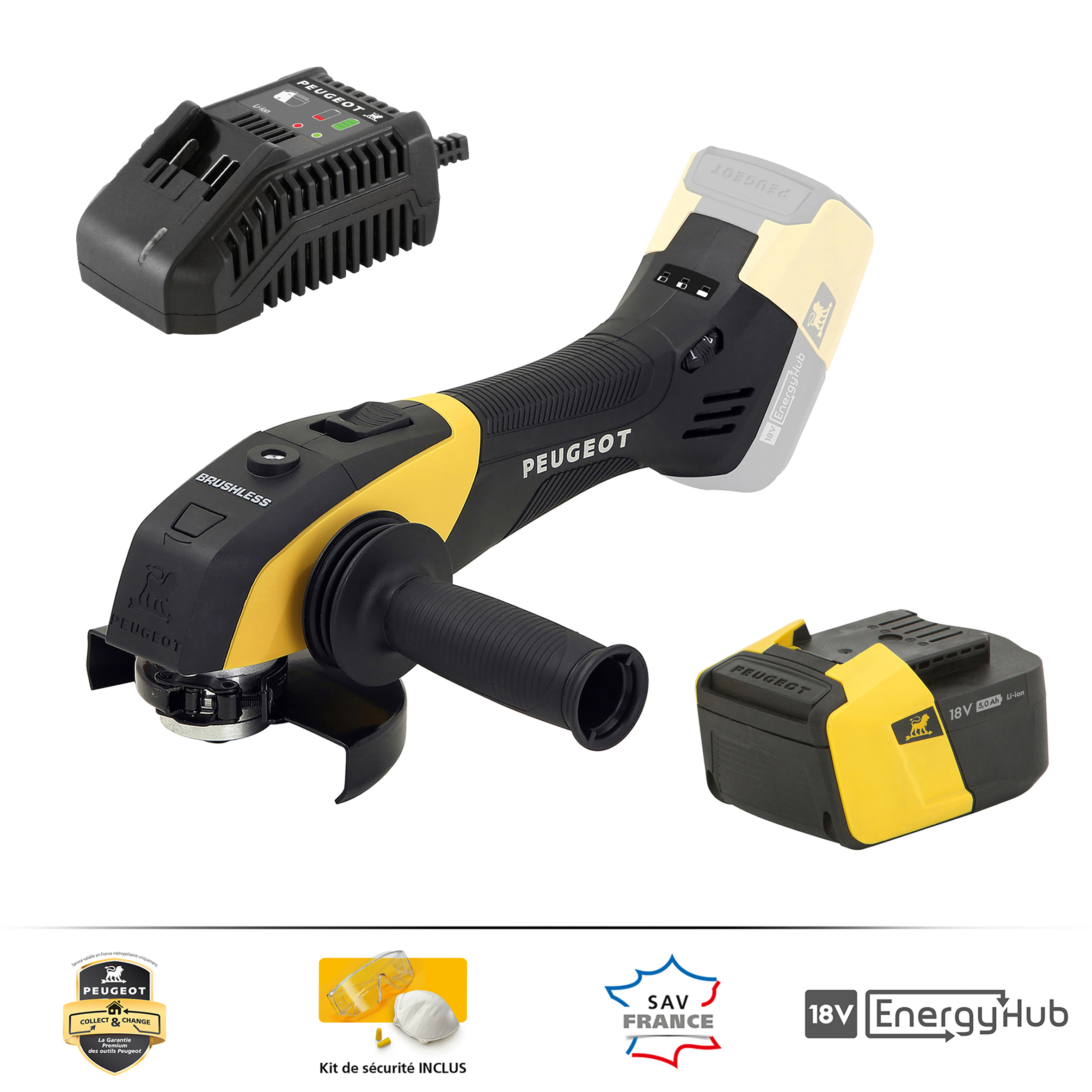 EnergyGrind-18VBL Meuleuse d'angle ss fil BRUSHLESS 18V Ø125mm + 1 batterie Li-Ion 5,0Ah etchargeur - Garantie 3 ans, SAV++ Collect & Change