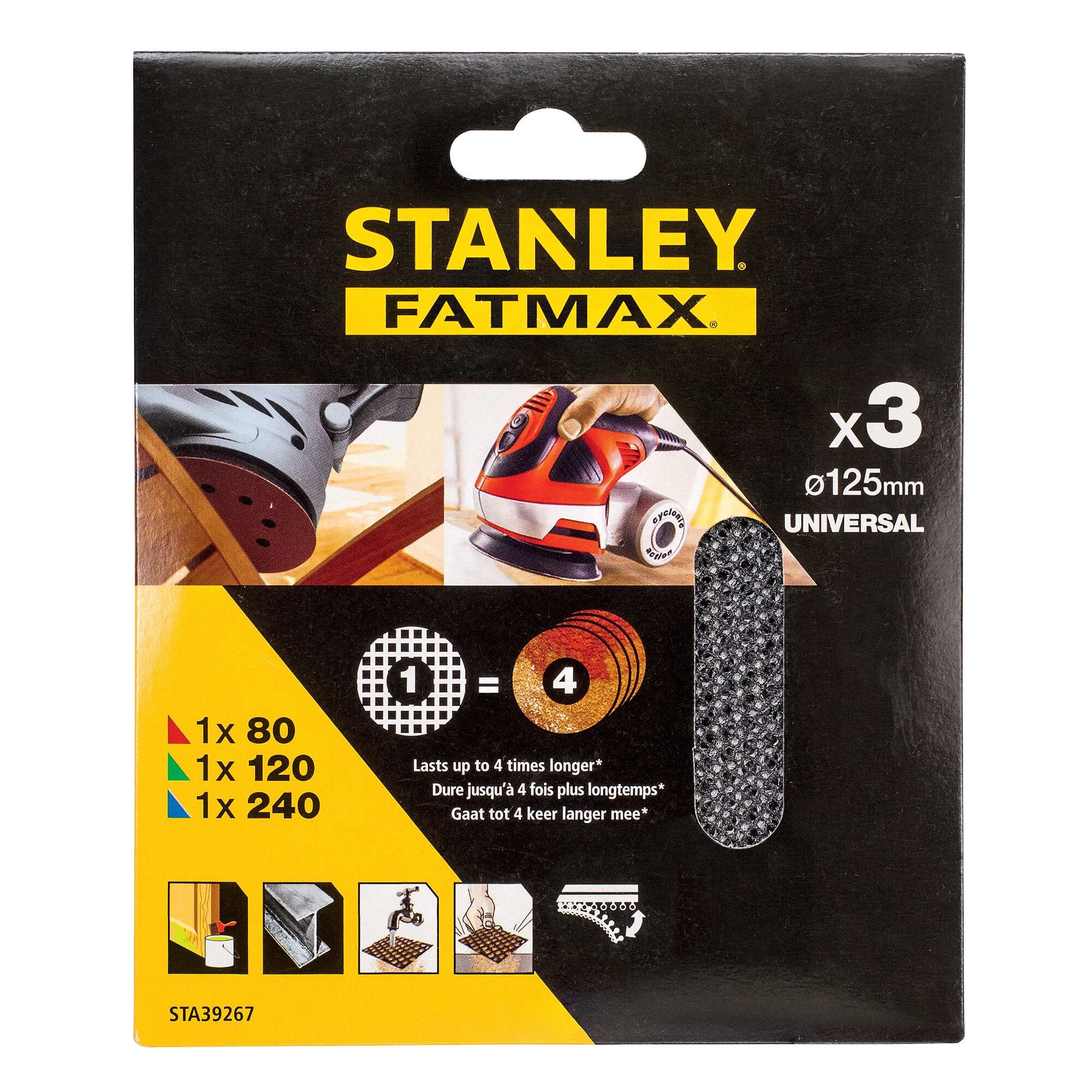 Stanley Assortiment de 3 abrasifs excentrique Ø 125mm maille auto-aggripants grains 80, 120 et 240 STA39267-XJ 2