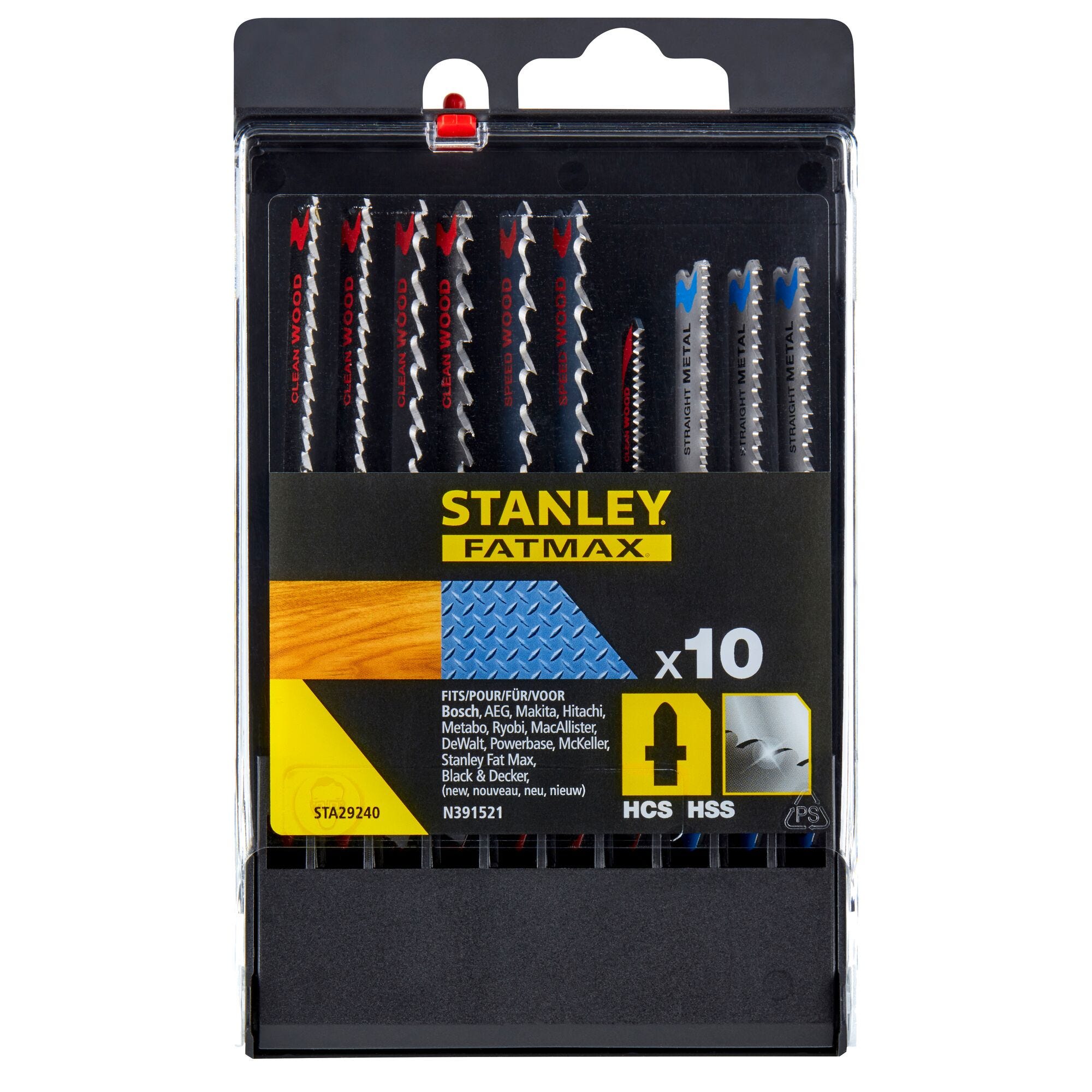 Stanley Coffret de 10 lames de scie sauteuse : 7 lames bois HCS et 3 lames métal HSS. Attache en T STA29240-XJ 1