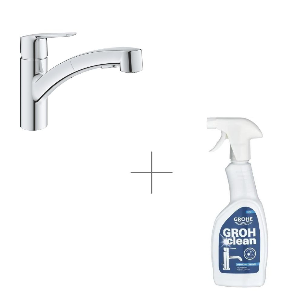 Mitigeur cuisine Grohe avec douchette Start + Nettoyant robinetterie Grohe GroheClean