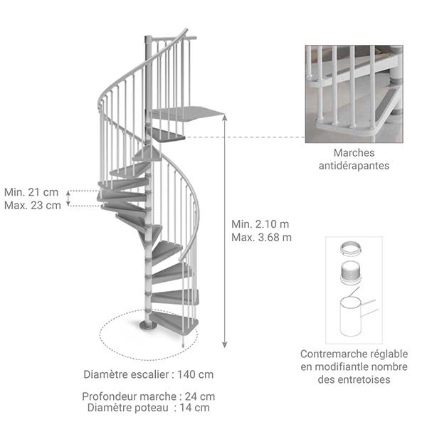 Escalier hélicoïdal métal 11 marches - Hauteur à franchir 2.31 à 2.53m - Diamètre 140cm - Blanc - GAMIA140/BB-11 1