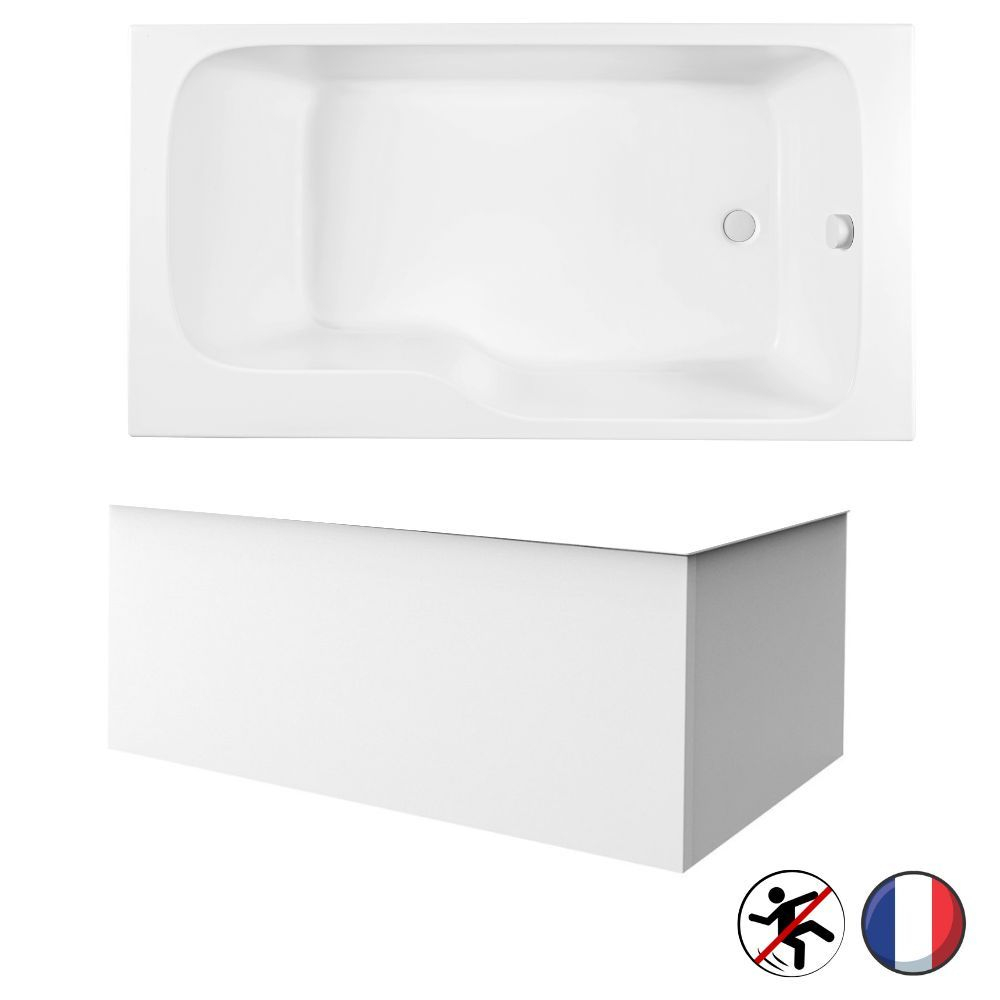 Baignoire bain douche JACOB DELAFON Malice antidérapante + tablier angle Blanc Mat, 160 X 85 version droite