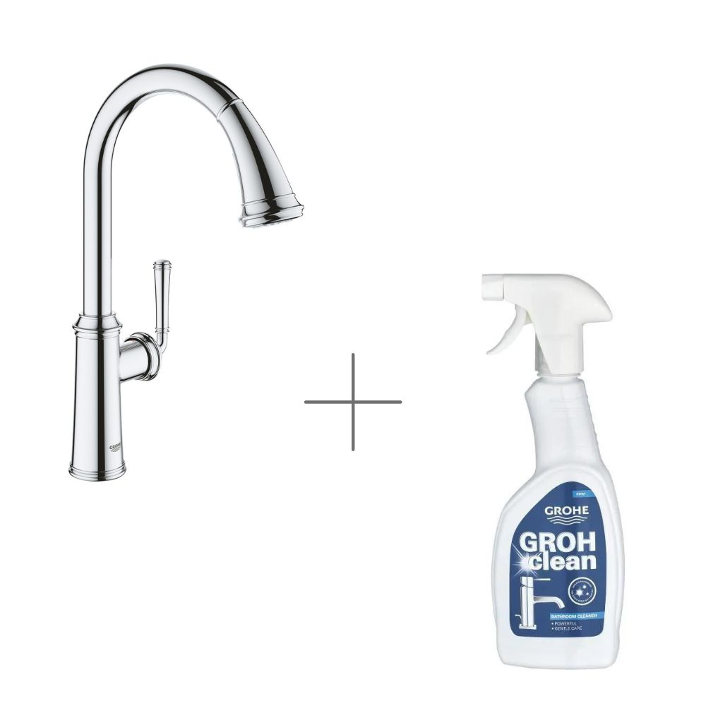 Mitigeur cuisine Grohe avec douchette rétractable Gloucester 2 jets quickfix + Nettoyant robinetterie Grohe GroheClean