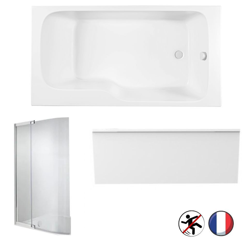 Baignoire bain douche JACOB DELAFON Malice antidérapante + tablier niche + pare bain Blanc Mat, 160 X 85 version droite