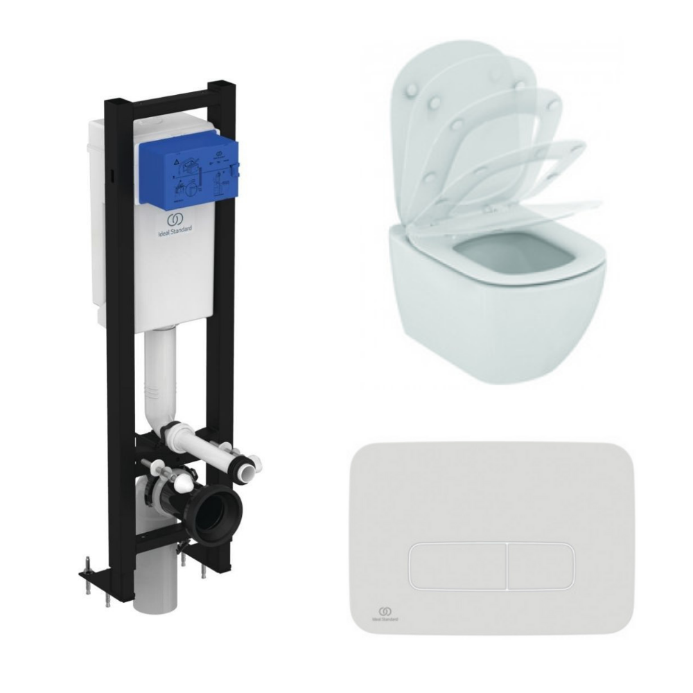 Ideal Standard WC suspendu Tesi Aquablade + abattant et plaque de commande Oleas double blanche + Bâti-support autoportant Porcher éco