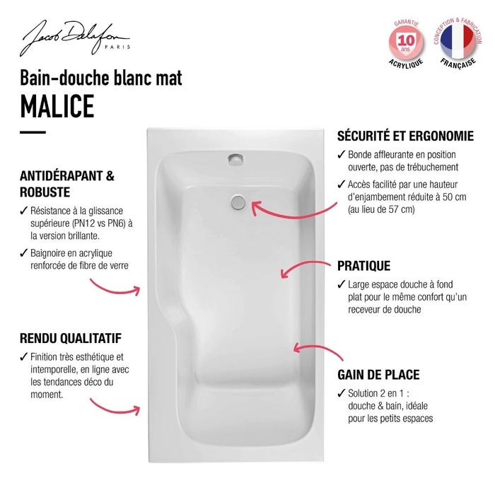 Baignoire bain douche JACOB DELAFON Malice | 160 x 85 cm version Droite, Blanc mat 3