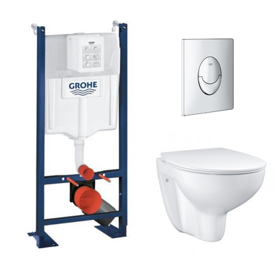GROHE Pack WC sans bride Bau Ceramic avec abattant + Bâti support WC Rapid SL + plaque de commande chromée Start 0