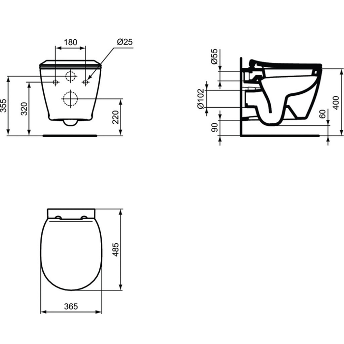 Pack WC suspendu compact Ideal Standard Connect space + abattant + plaque carrée + bati support 5