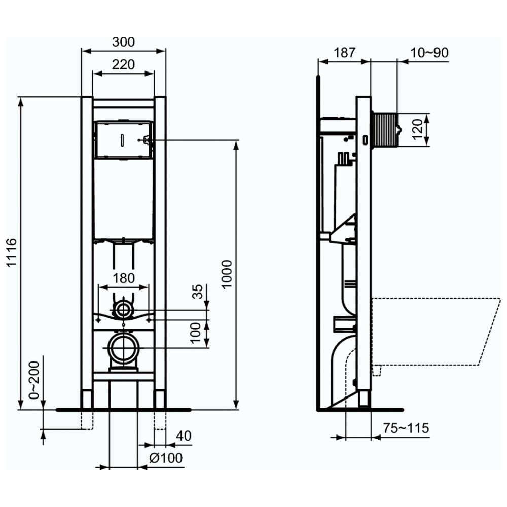 Pack WC suspendu compact Ideal Standard Connect space + abattant + plaque carrée + bati support 4