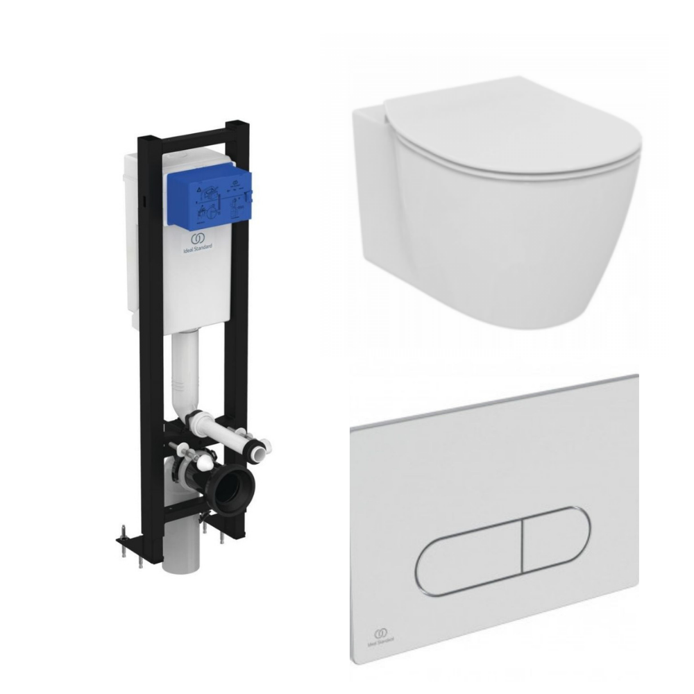Ideal Standard Pack WC suspendu compact Connect space + abattant + plaque carrée + bâti