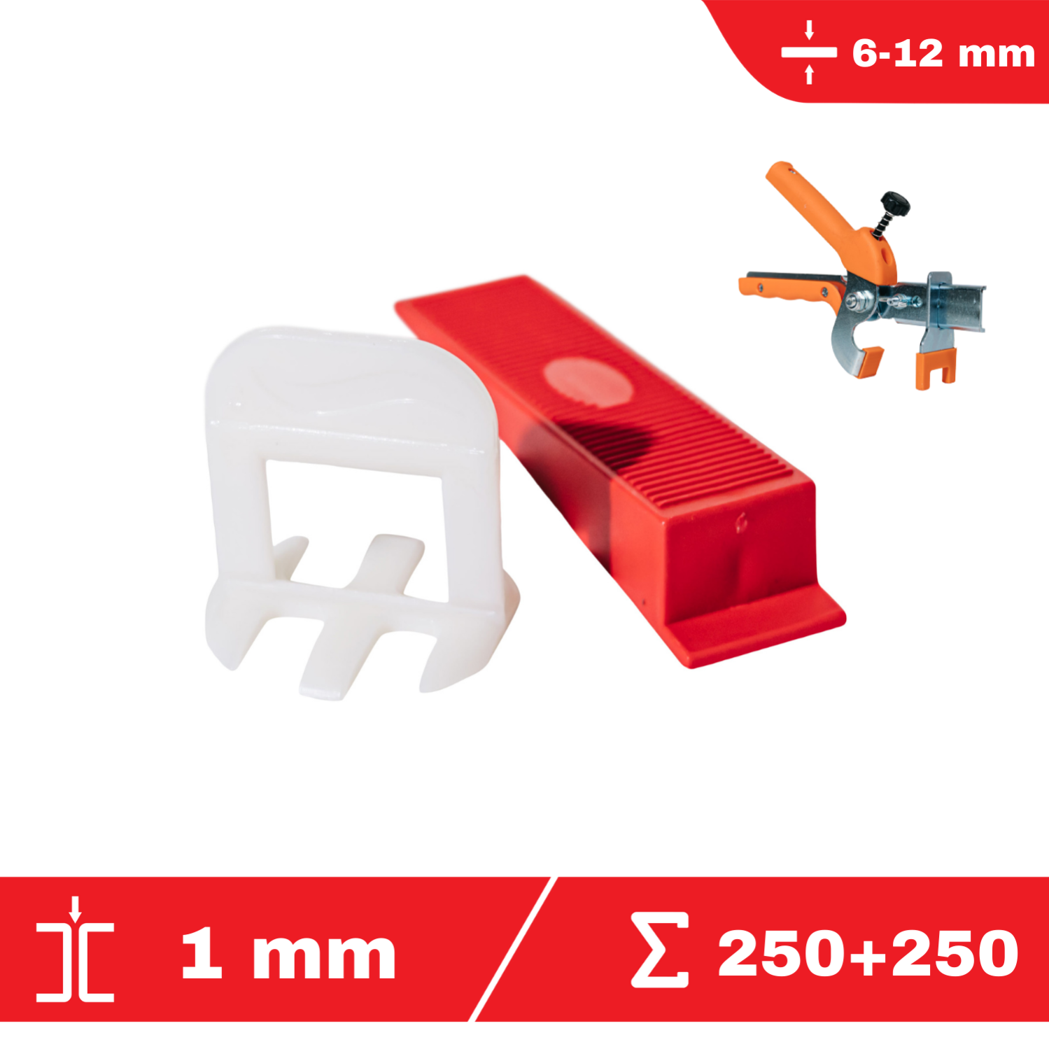 CLIP-IT kit 1 mm - 250 croisillons à cale autonivelants + 250 cales + 1 pince en métal - FLAT-PRO - système de nivellement de carrelage