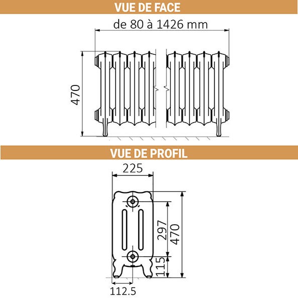 Radiateur fonte sur pieds - Hauteur 470mm - Longueur 934mm - 488 watt - Epaisseur 225mm - Contenance 18.15L - OXF470/934FR3 1