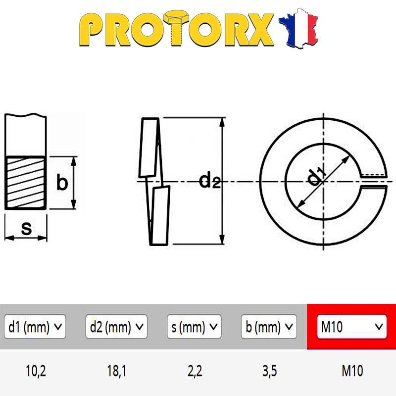 RONDELLE GROWER" M10 x 10pcs | Diam. int = 10,2mm x Diam. ext = 18,1mm | INOX A4 (Acier Marin) - Usage Exterieur-Intérieur | Norme DIN127B 1