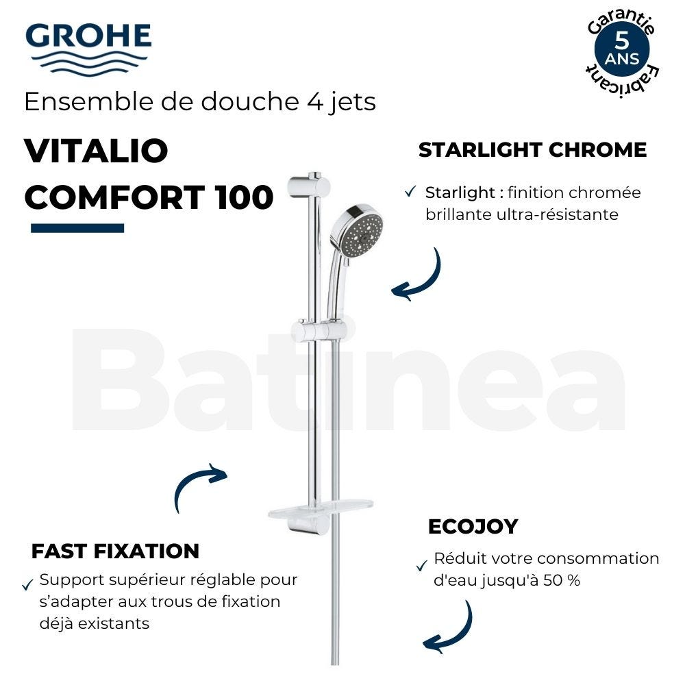 Pommeau de douche GROHE Quickfix Vitalio Comfort 100 4 jets avec barre + nettoyant GrohClean 2
