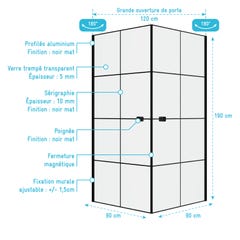 Portes de Douche en Angle 90x90x190 cm - Motifs carrés - Profilés Noir Mat - BLACK CUBE 3