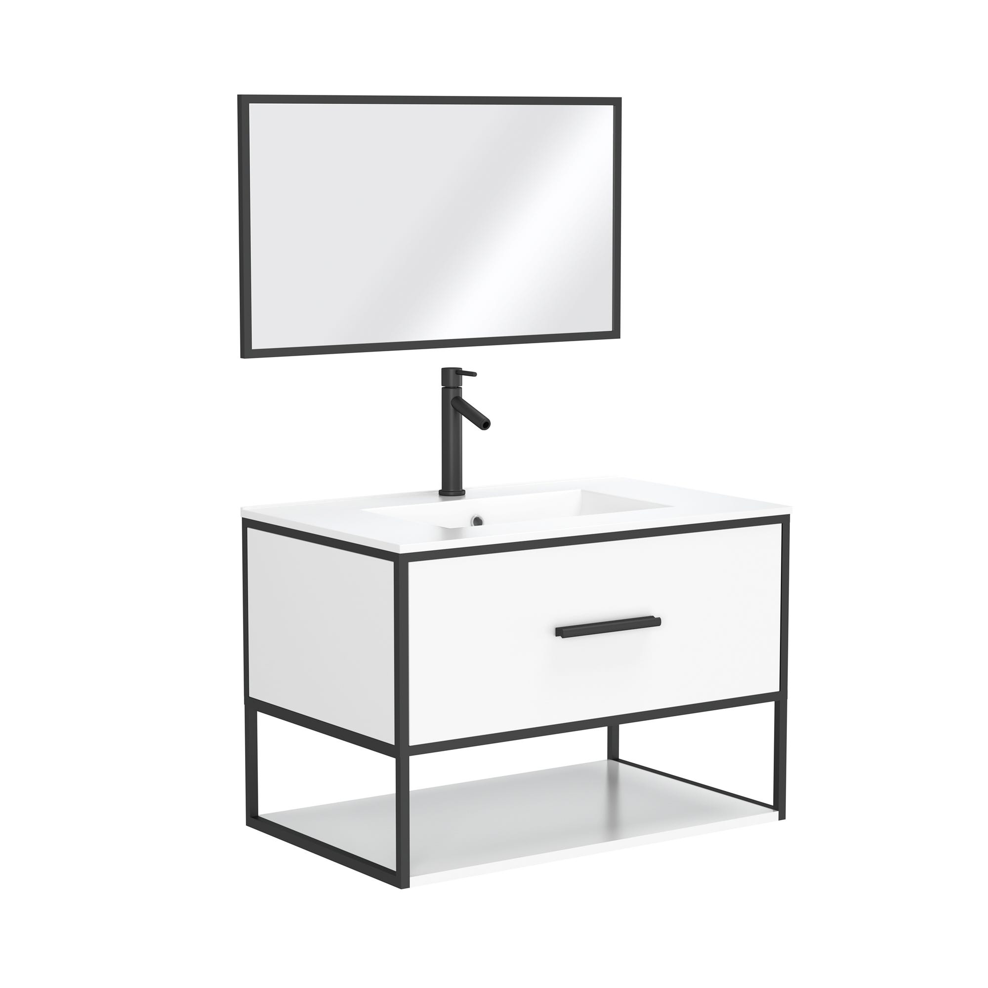Meuble de salle de bain blanc 1 tiroir + vasque céramique et miroir cadre noir mat - THINK 80 2