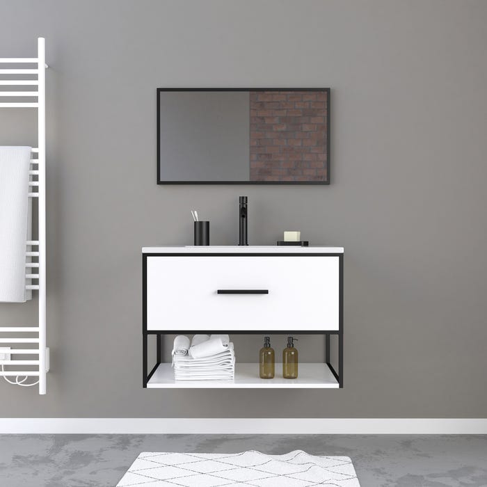 Meuble de salle de bain blanc 1 tiroir + vasque céramique et miroir cadre noir mat - THINK 80 0