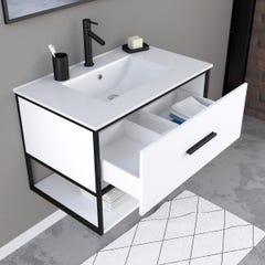 Meuble de salle de bain blanc 1 tiroir + vasque céramique et miroir cadre noir mat - THINK 80 1