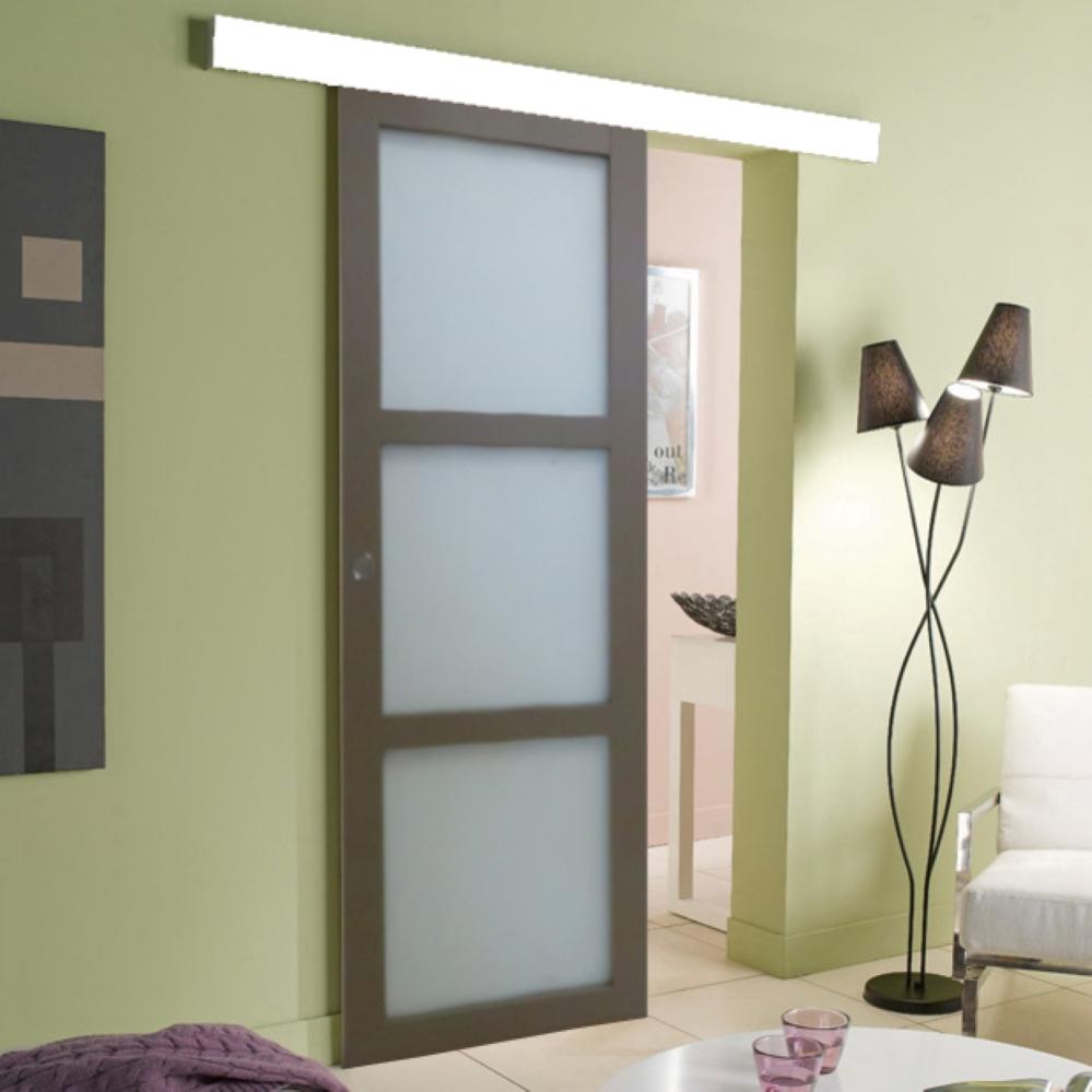 Porte Coulissante vitrée 204x73 avec rail bandeau blanc et coquilles